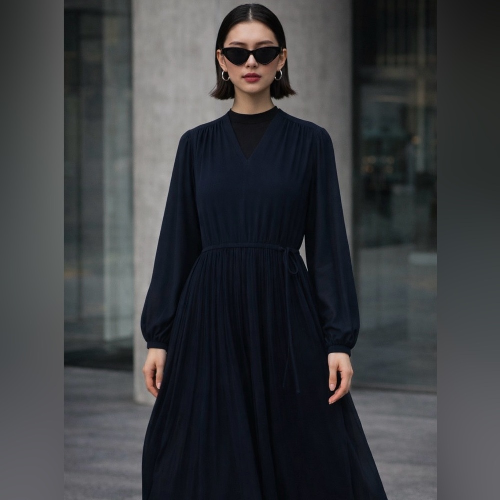 New 🌹 👗 Uniqlo C Navy Plissé Maxi Dress S 4 6 | Chiffon | Designer Collaboration